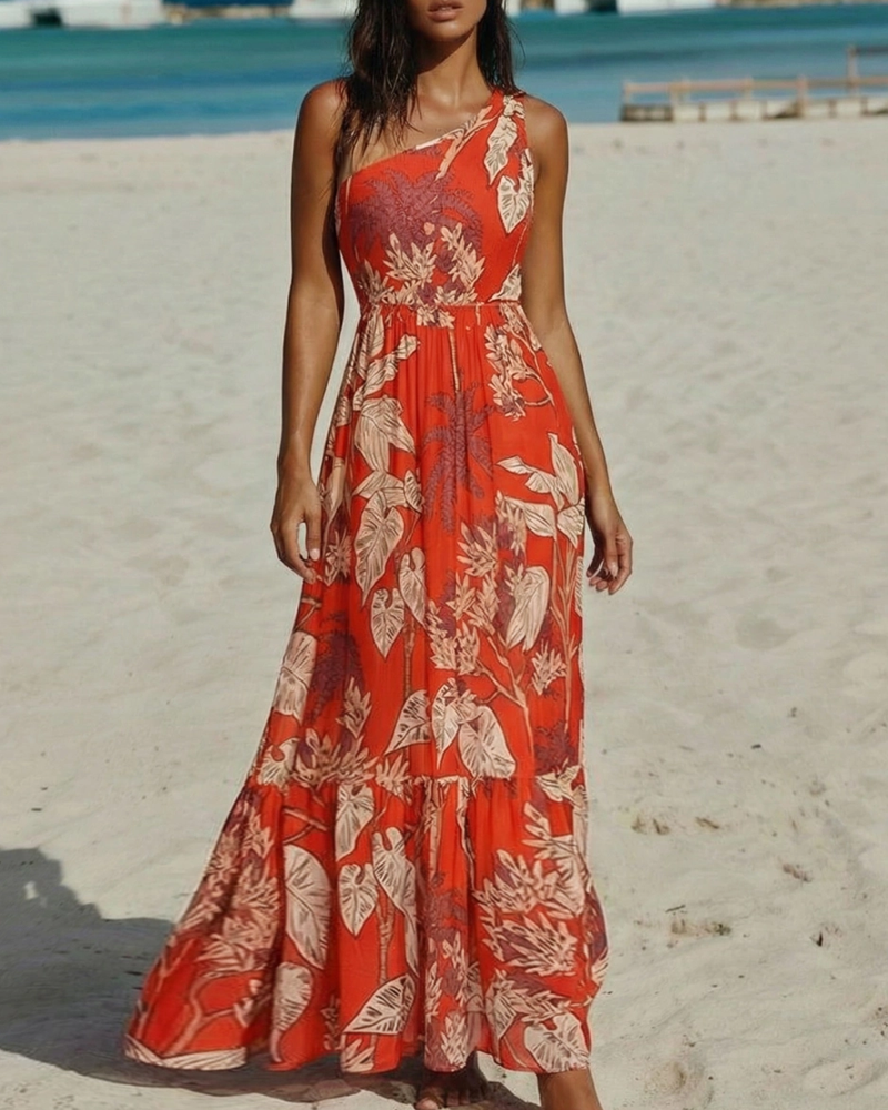 One Shoulder Red Plant Print Swimsuit Set