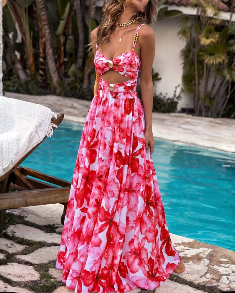 Cutout Flower Print One Piece Swimsuit and Skirt Flaxmaker