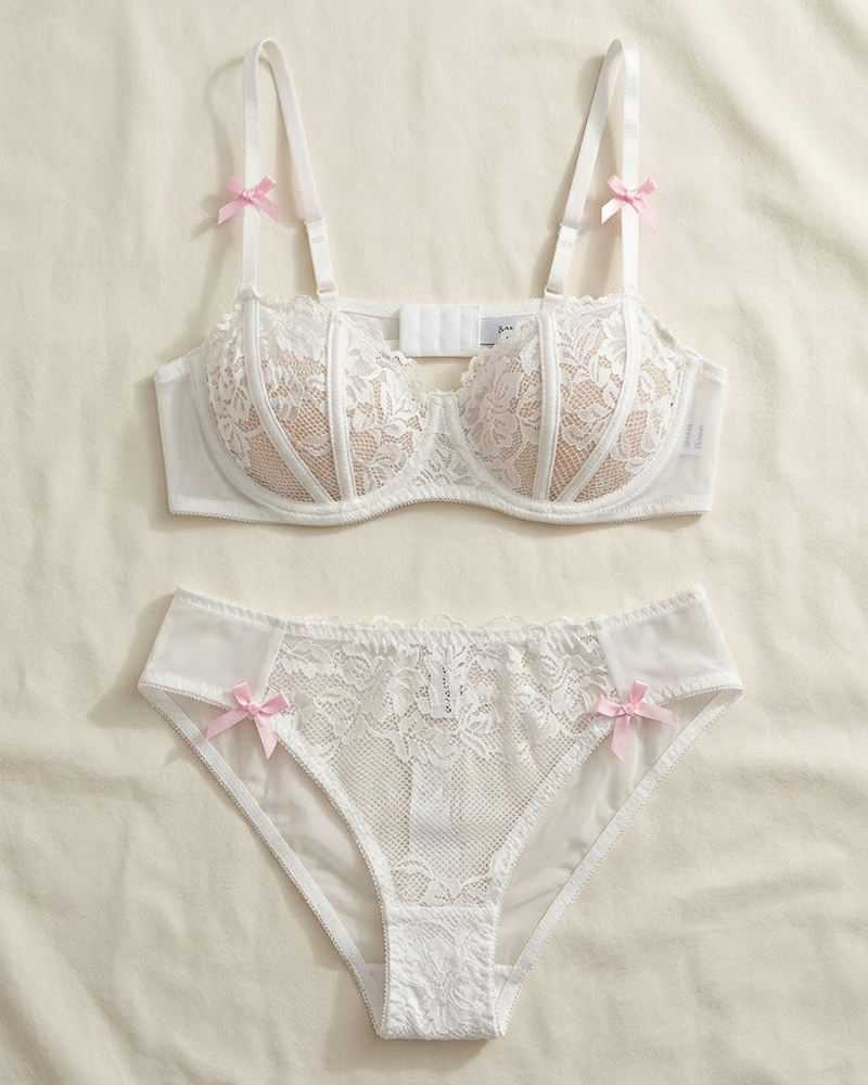 Sexy Ultra-Thin White Lace Bow Lingerie Set