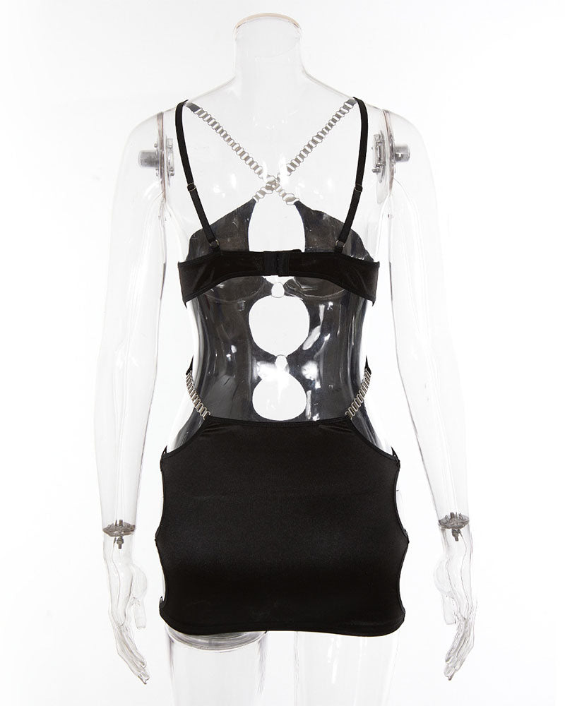 European And American Women's Sexy Hollow Slim-Fit Sheath Dress Deep V Metal Strap