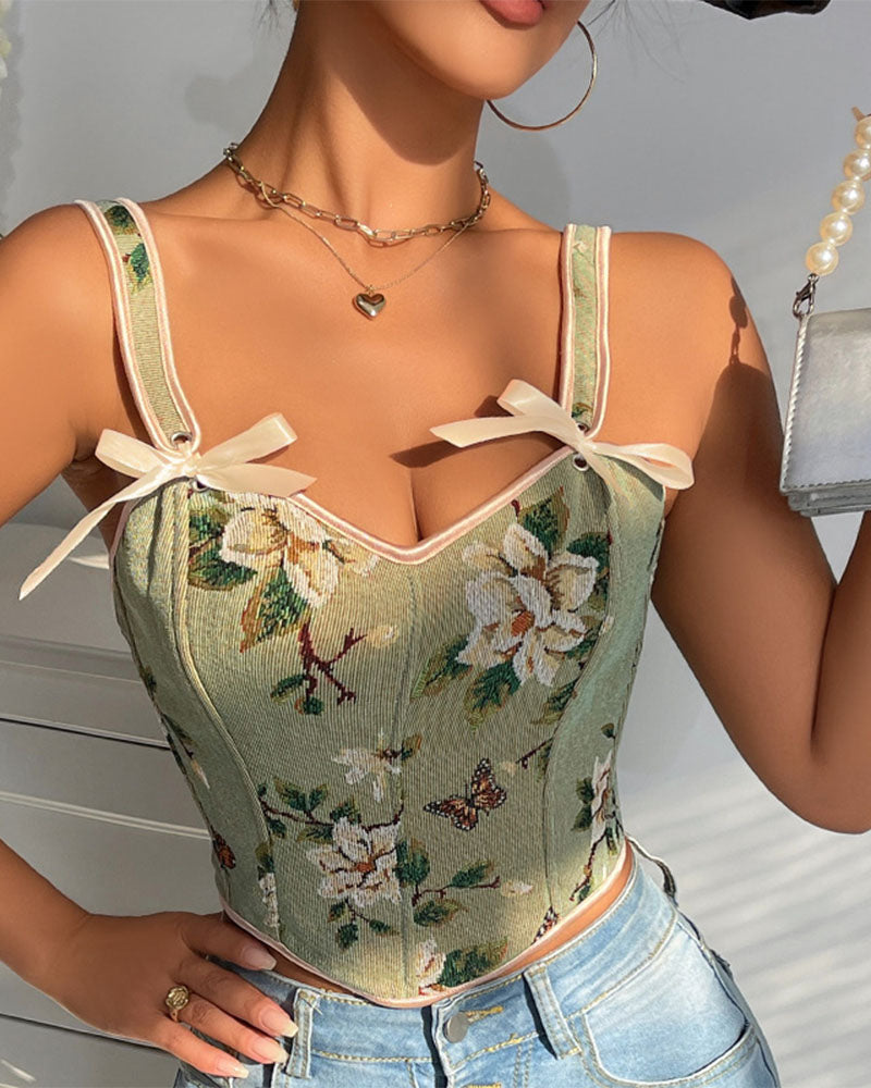 French Style Bow Lace-Up Floral Sexy Body Shaper Women's Sling Printed Slim-Fit Vest Corset