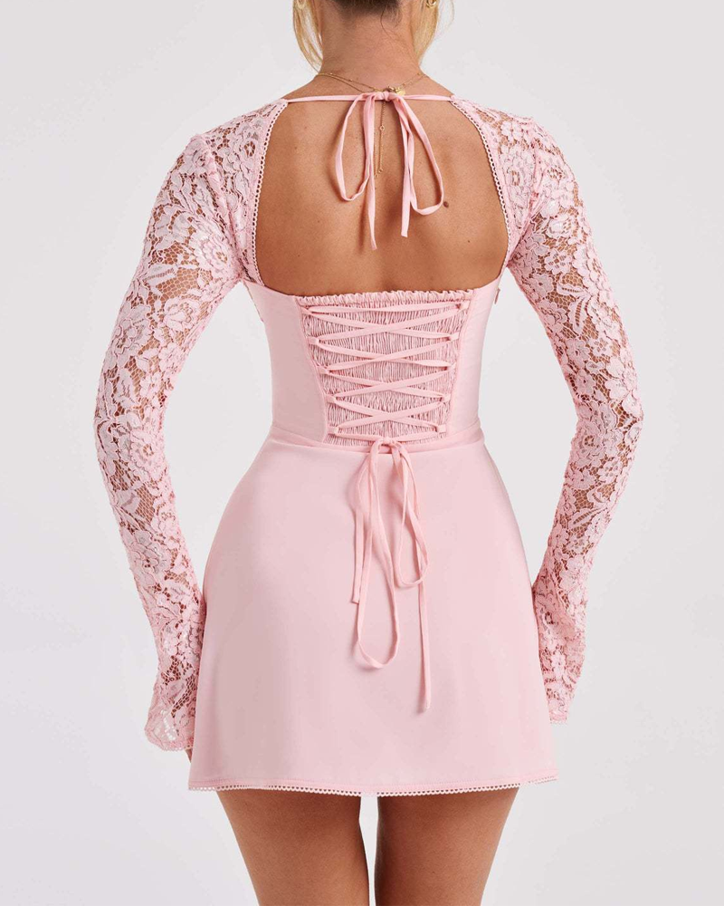 Elegant Lace Long Sleeve Backless Tie-Up Dress