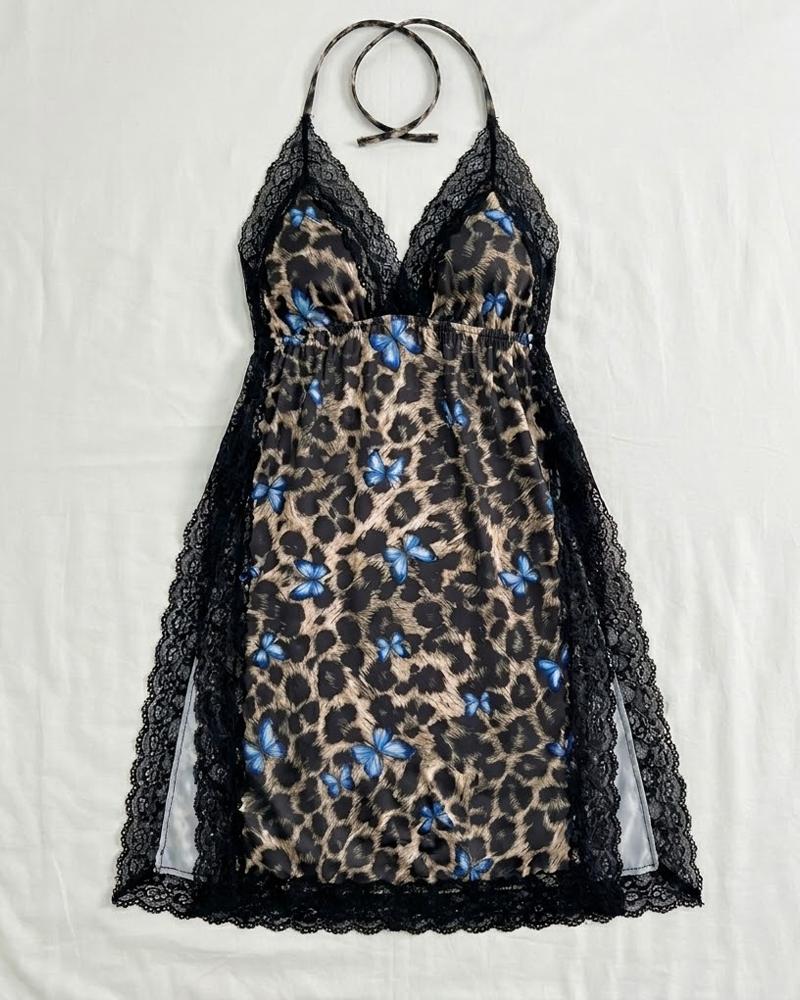 Plus Size Leopard Print Butterfly Tie Strap Side Slit Sexy Nightdress