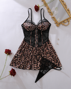 Leopard Print Lace Patchwork Sheer Cut-Out Nightgowns with Thong