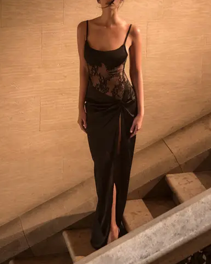 Sexy Spaghetti Strap Lace Satin Slit Evening Dress