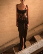 Sexy Spaghetti Strap Lace Satin Slit Evening Dress