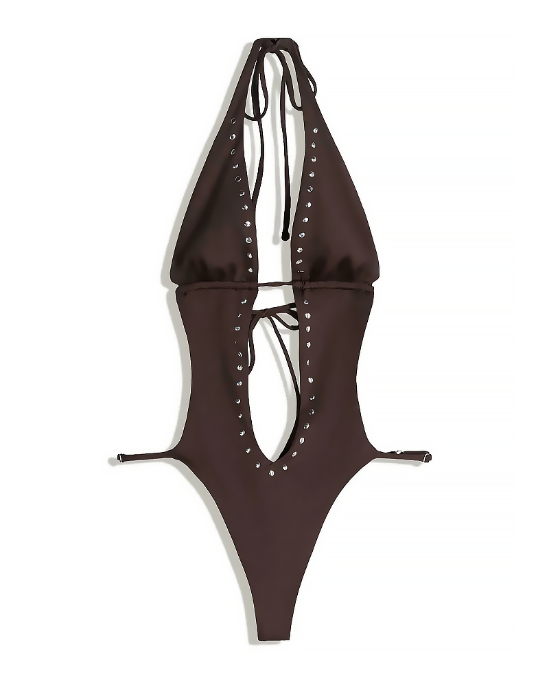 Sexy Studded Halter Deep V Cut-Out One-Piece Swimsuit