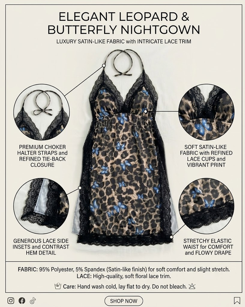 Plus Size Leopard Print Butterfly Tie Strap Side Slit Sexy Nightdress