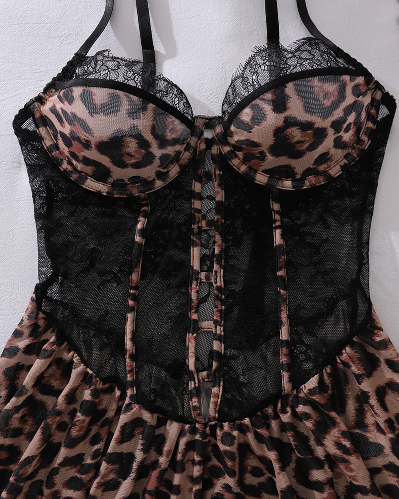 Leopard Print Lace Patchwork Sheer Cut-Out Nightgowns with Thong