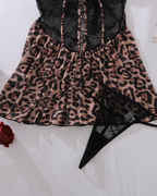 Leopard Print Lace Patchwork Sheer Cut-Out Nightgowns with Thong
