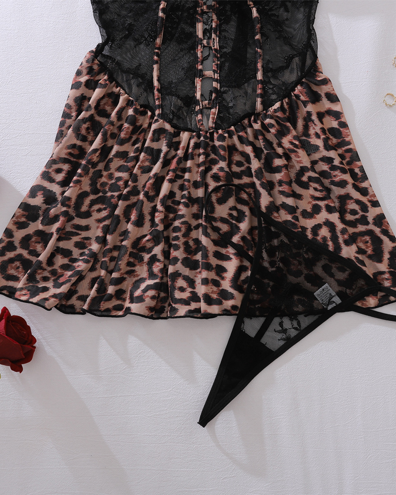 Leopard Print Lace Patchwork Sheer Cut-Out Nightgowns with Thong
