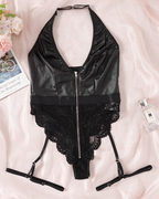 Sexy Patent Leather Lace Halter Deep V Teddy Bodysuit