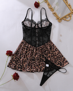 Leopard Print Lace Patchwork Sheer Cut-Out Nightgowns with Thong