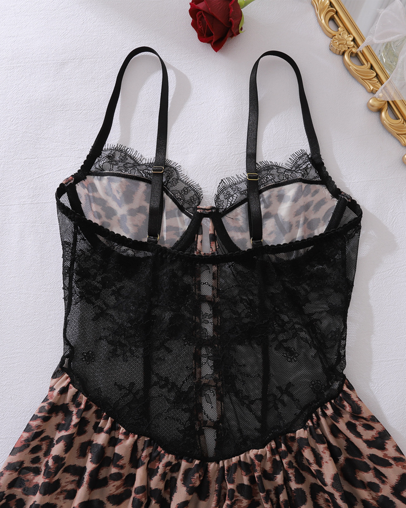 Leopard Print Lace Patchwork Sheer Cut-Out Nightgowns with Thong
