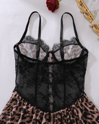 Leopard Print Lace Patchwork Sheer Cut-Out Nightgowns with Thong