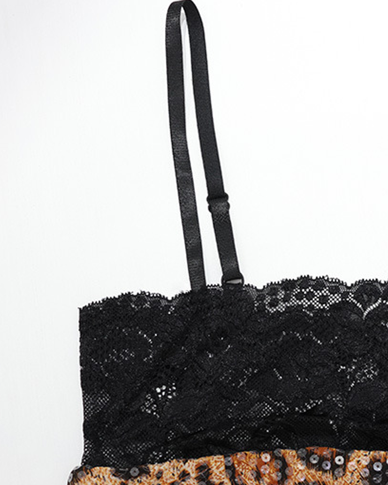 Sexy Lace Patchwork Leopard Sequin Bandeau Strap Dress