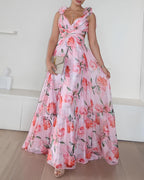 V Neck Halter Back Ruffle Strap Floral Beach Holiday Dress