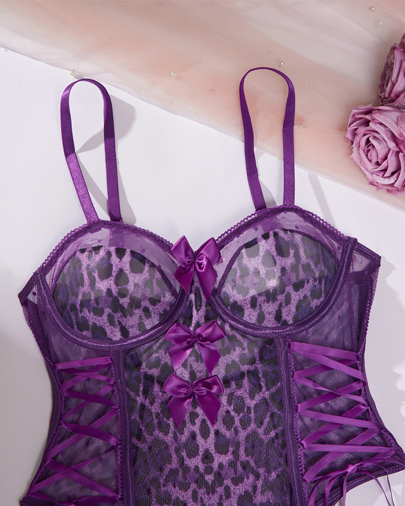 Sheer Leopard Print Bow Accent Spaghetti Strap Bodysuit