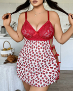 Plus Size Strawberry Print Sheer Cutout Bow Slip Dress