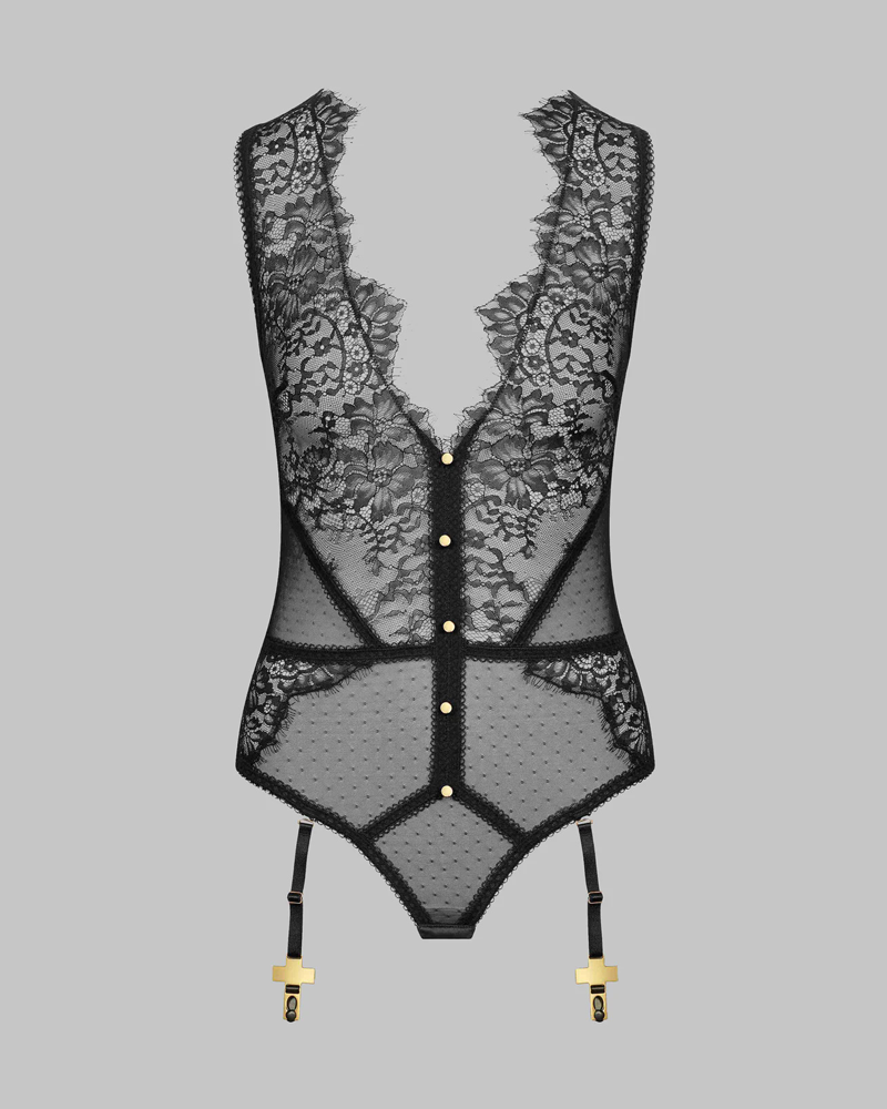 Sexy Lace Sheer Teddy Bodysuit with Garter Stockings