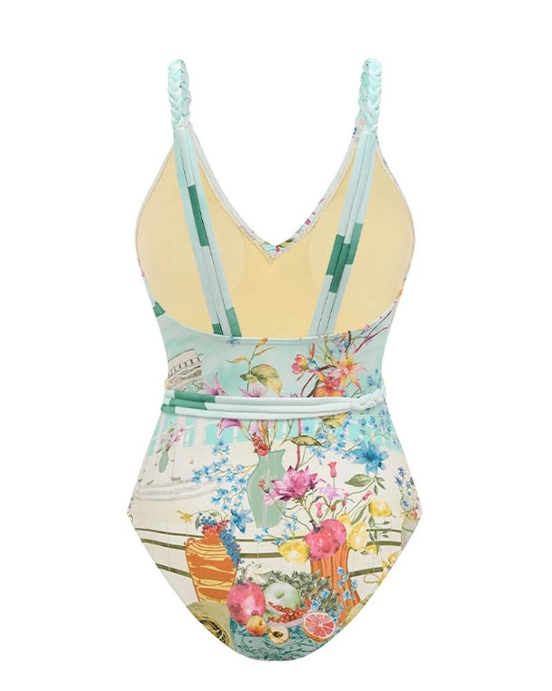 Elegant V Neck Printed Swimsuit Set