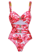 Cutout Flower Print One Piece Swimsuit and Skirt Flaxmaker