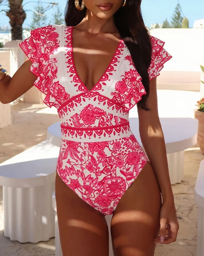 V Neck Ruffle Printed Swimsuit Set