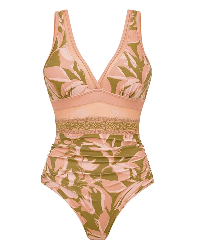 V Neck Mesh Splicing Print Swimsuit Set