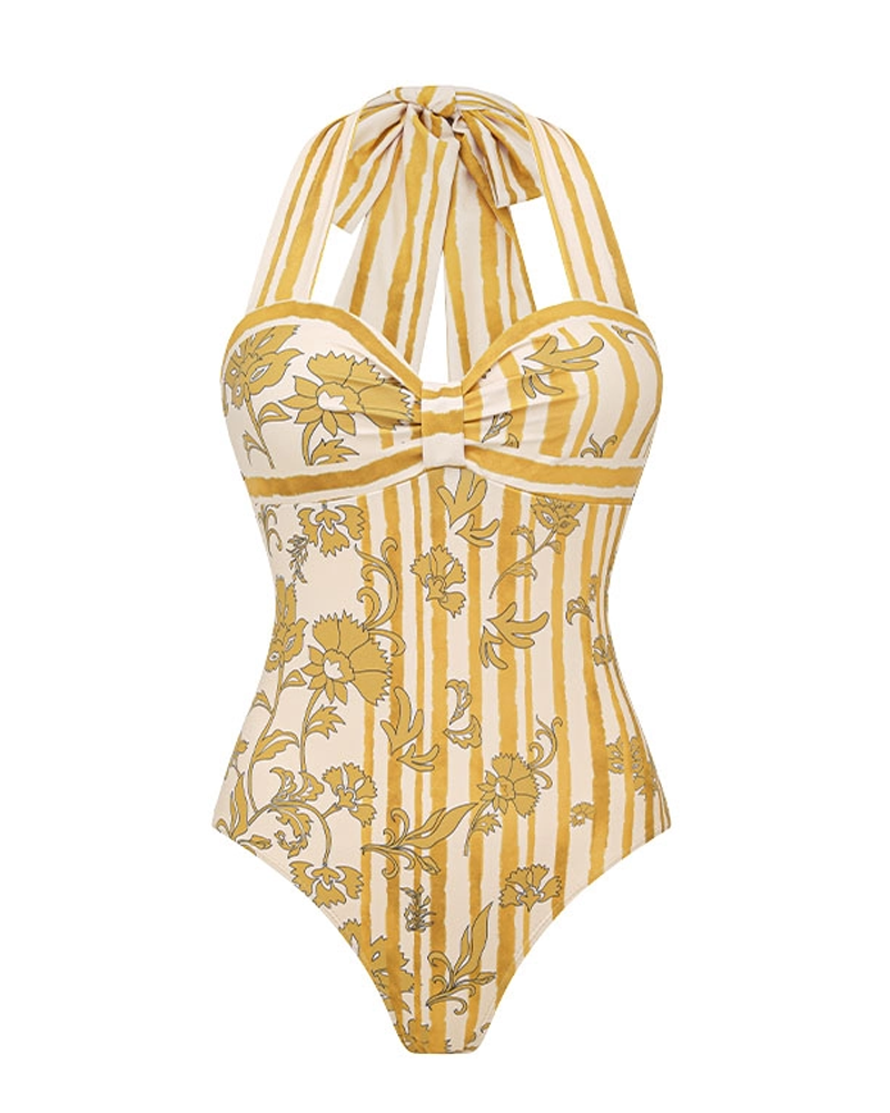Lemon Yellow Halter Printed Swimsuit Set