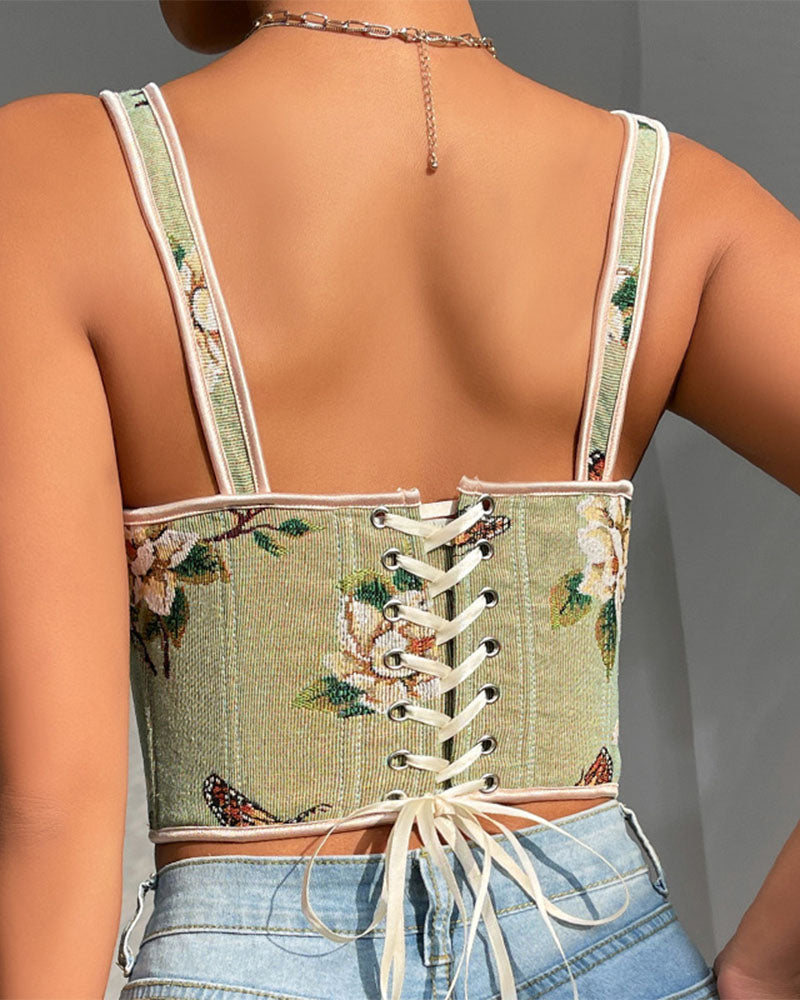 French Style Bow Lace-Up Floral Sexy Body Shaper Women's Sling Printed Slim-Fit Vest Corset