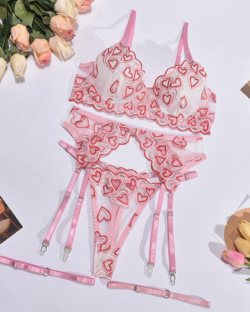 Open Cup Lingerie Set – Sexy Embroidery Temptation 4-Piece Set