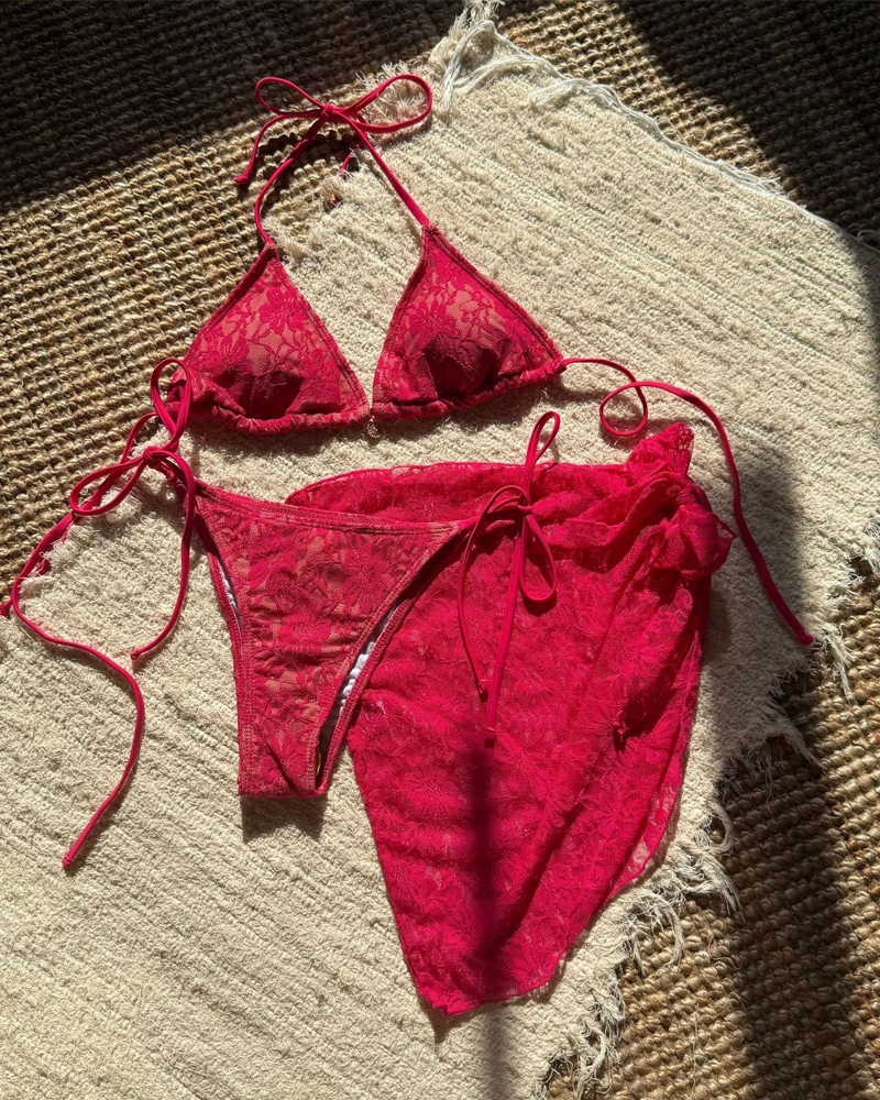 Sexy Lace Composite Fabric Mesh Bikini Set with Cover-Up Skirt