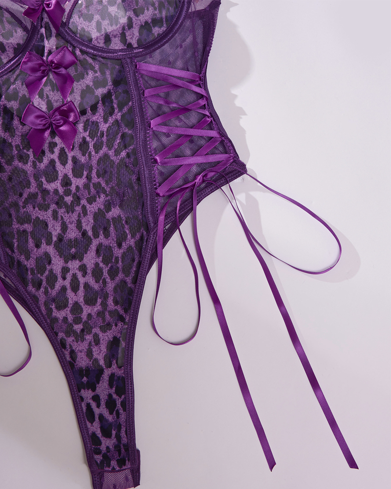 Sheer Leopard Print Bow Accent Spaghetti Strap Bodysuit