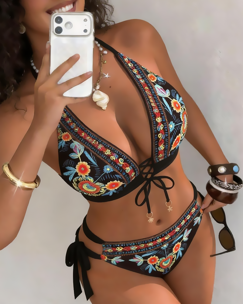 Ethnic Style Floral Print Women's Bikini Set