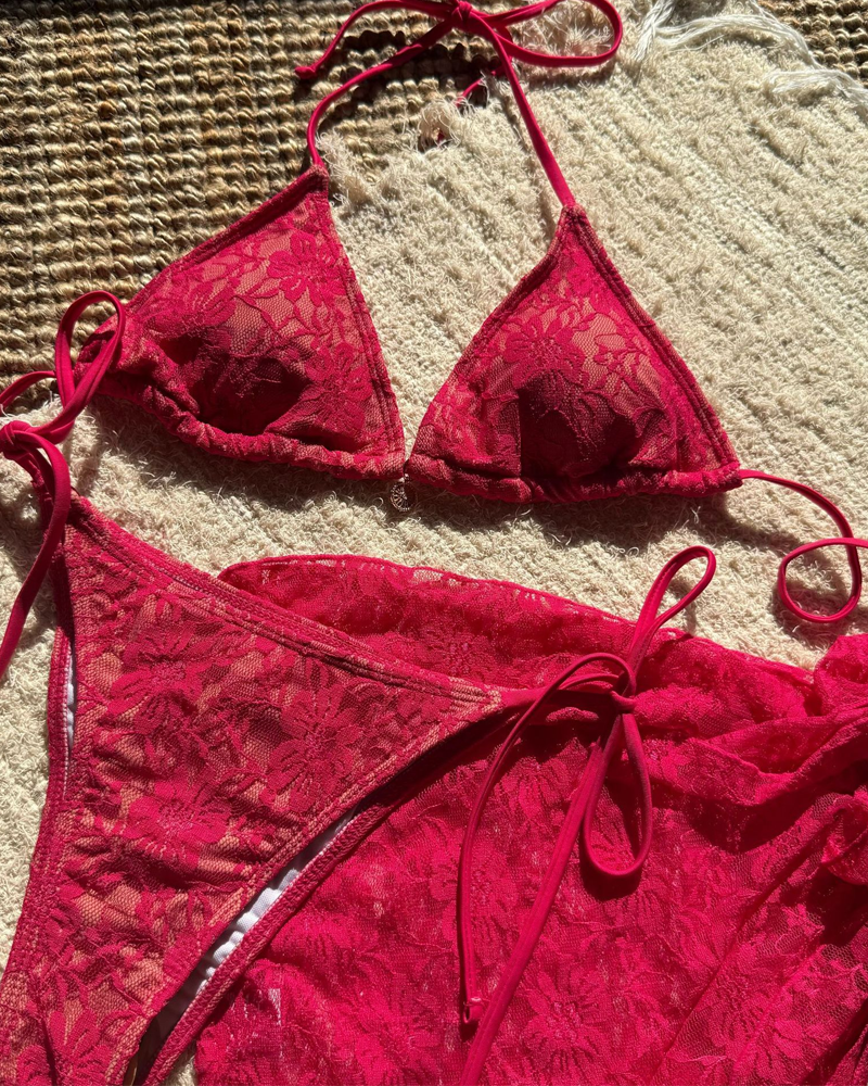 Sexy Lace Composite Fabric Mesh Bikini Set with Cover-Up Skirt
