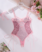 Sheer Leopard Print Bow Accent Spaghetti Strap Bodysuit