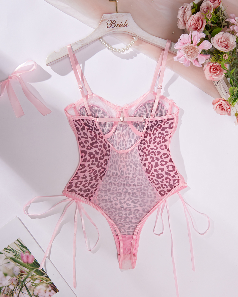 Sheer Leopard Print Bow Accent Spaghetti Strap Bodysuit