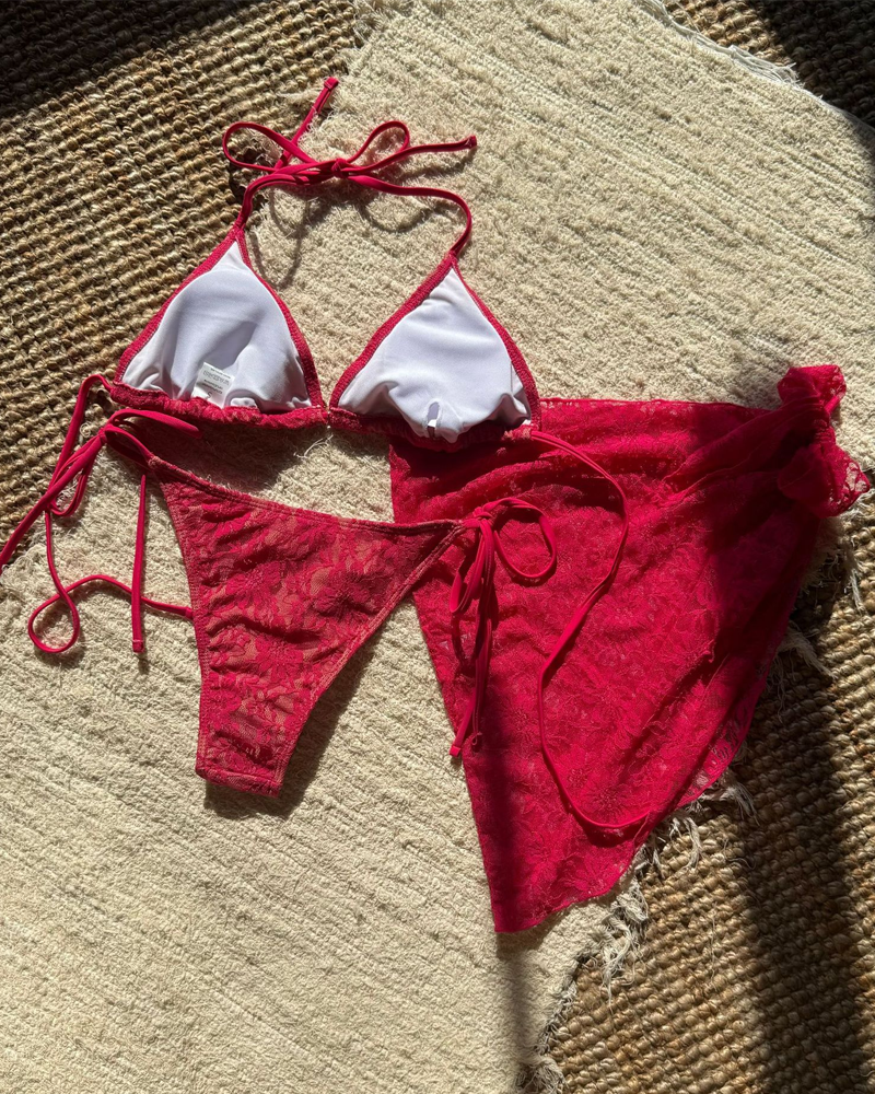 Sexy Lace Composite Fabric Mesh Bikini Set with Cover-Up Skirt