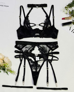 Sexy Embroidered Cutout Rhinestone Heart Halter Lingerie Set