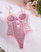 Sheer Leopard Print Bow Accent Spaghetti Strap Bodysuit