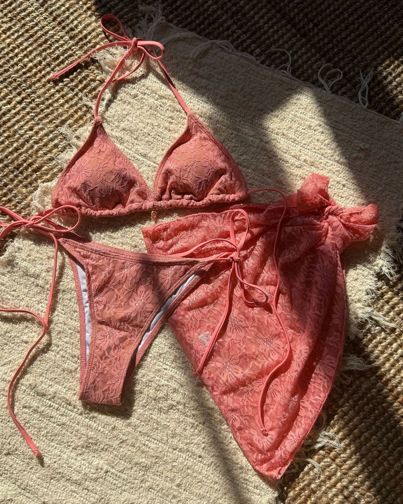 Sexy Lace Composite Fabric Mesh Bikini Set with Cover-Up Skirt