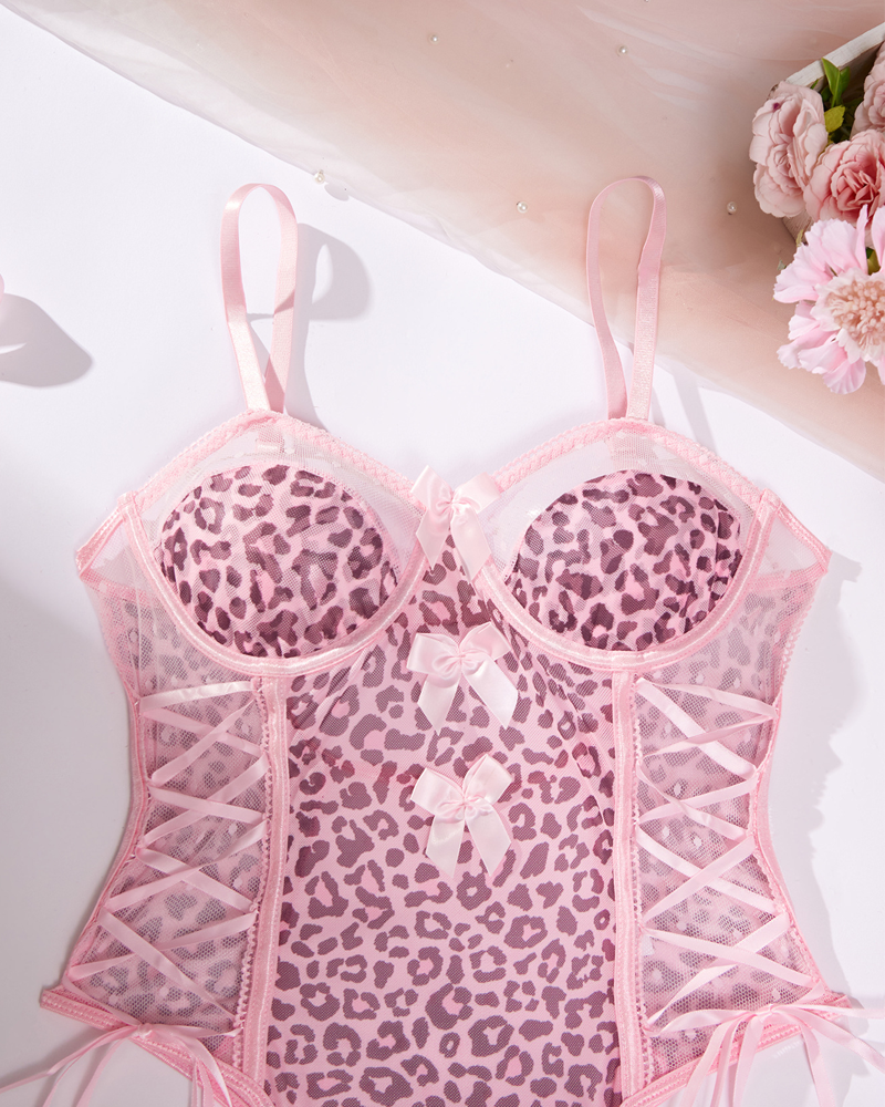 Sheer Leopard Print Bow Accent Spaghetti Strap Bodysuit