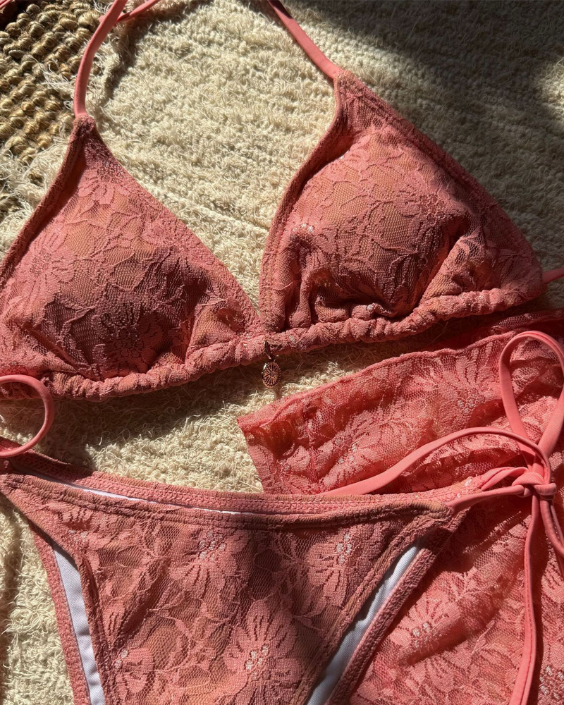 Sexy Lace Composite Fabric Mesh Bikini Set with Cover-Up Skirt
