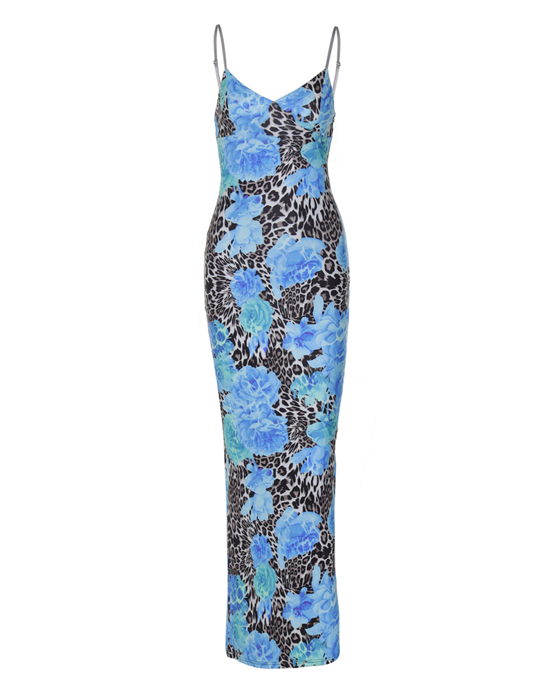 Leopard Print Contrast Color Spaghetti Strap Slim Fit Dress