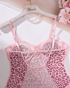 Sheer Leopard Print Bow Accent Spaghetti Strap Bodysuit