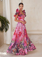 Ruffled Blooming Flowers Print One Piece Swimsuit and Sarong