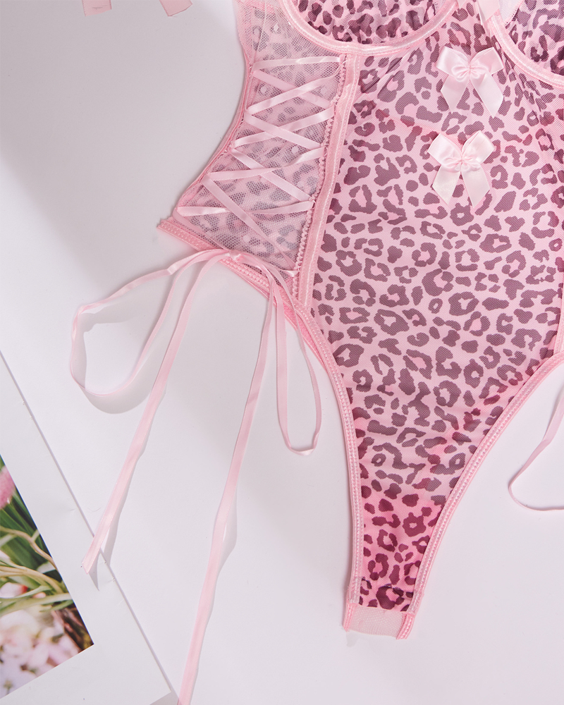 Sheer Leopard Print Bow Accent Spaghetti Strap Bodysuit
