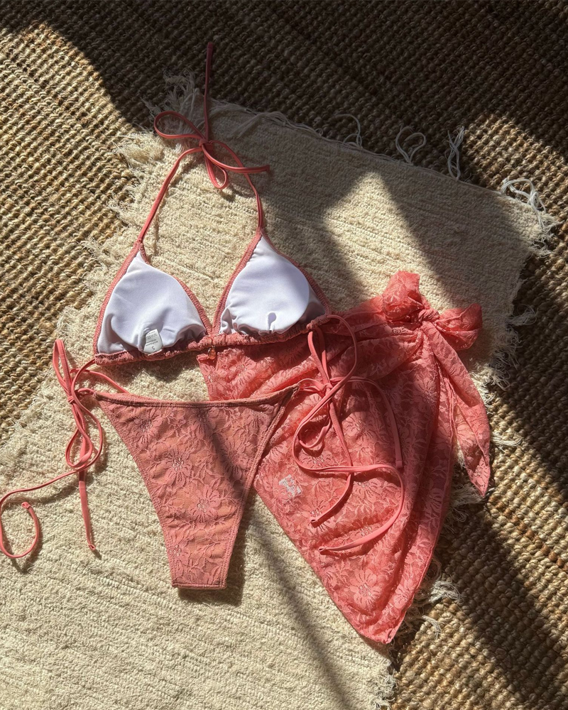 Sexy Lace Composite Fabric Mesh Bikini Set with Cover-Up Skirt