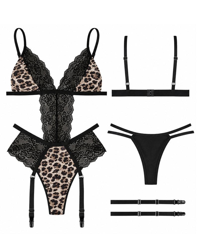 Sexy Leopard Print Open-Crotch Lingerie Set