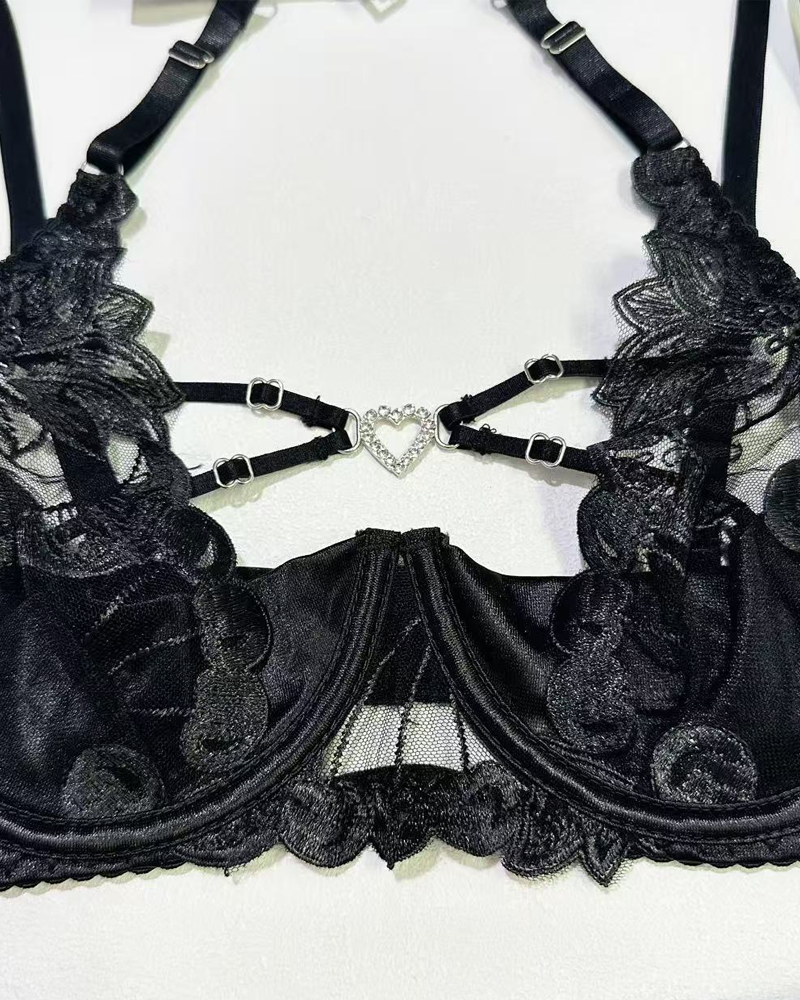 Sexy Embroidered Cutout Rhinestone Heart Halter Lingerie Set